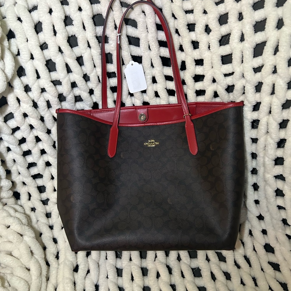 Coach Red and Brown Signature Tote Bag